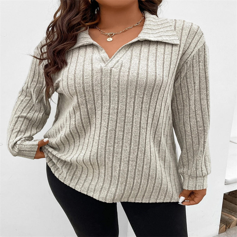 Stylish Women's Blouses Plus Size Top V-shaped Lapel Long Sleeve Sunken Stripe Brushed T-shirt - - Winter Tops - Carvan Mart