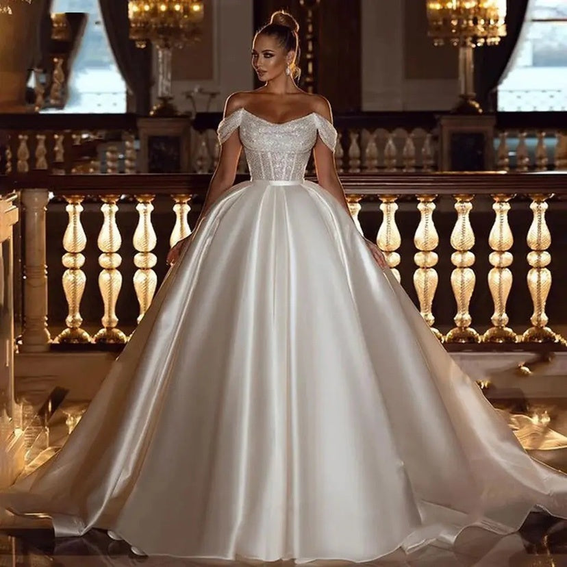 Princess A-Line Off Shoulder Shiny Bohemian Wedding Dress with Sequins Top - Carvan Mart