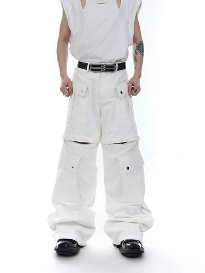 Wide Leg Multiple Pockets Men's Pant – Wrinkle-Resistant, Stylish with Metal Decorations - White - Men's Pants - Carvan Mart