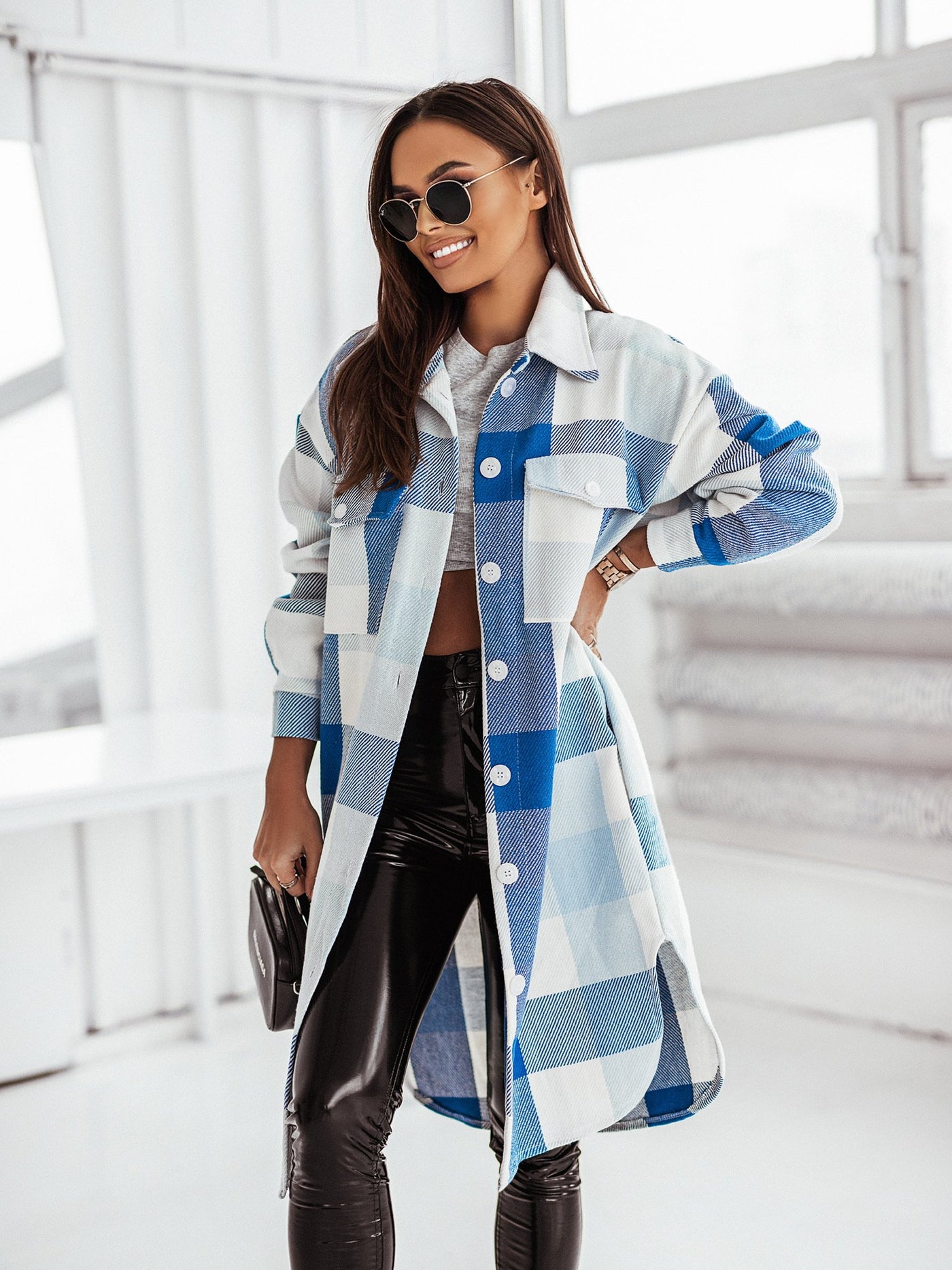 Women's Fashion Long Sleeve Color Plaid Brushed Woolen Long Coat - Carvan Mart