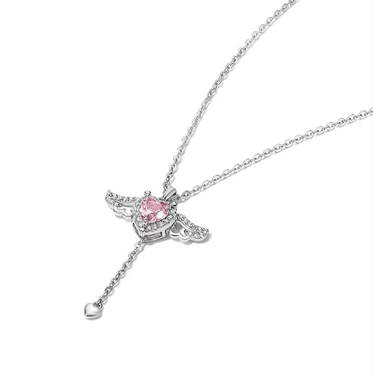 Cupid Heart Angel Wings Tassel Necklace Clavicle Chain Crystal Rhinestone Y Necklace - Carvan Mart