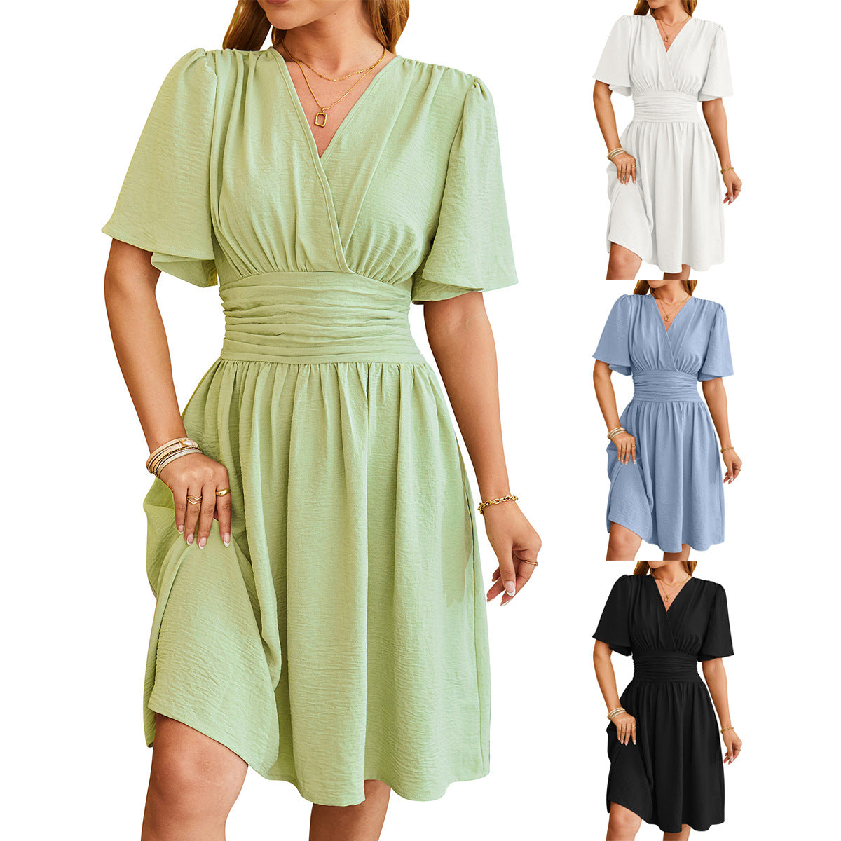 Dress With Wrap V-neck Short & Bell-sleeve Women's A Dress - Carvan Mart