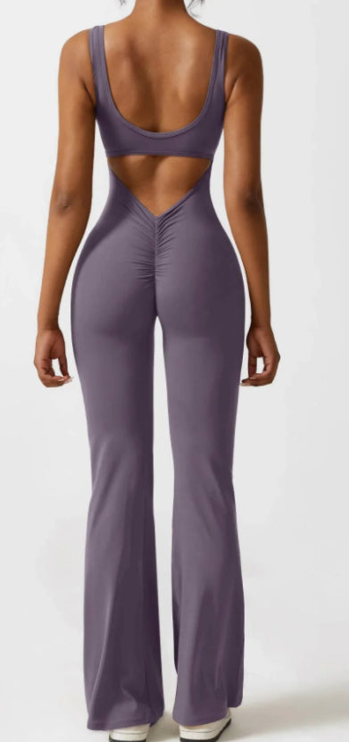 Women V-Back Flared Jumpsuit Bodysuit Casual Hollow Seamless Jumpsuit - Purple - Jumpsuits & Rompers - Carvan Mart