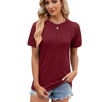 Round Neck Top Women's Lace Hollow Short Sleeve T-Shirt - Wine Red - Blouses & Shirts - Carvan Mart