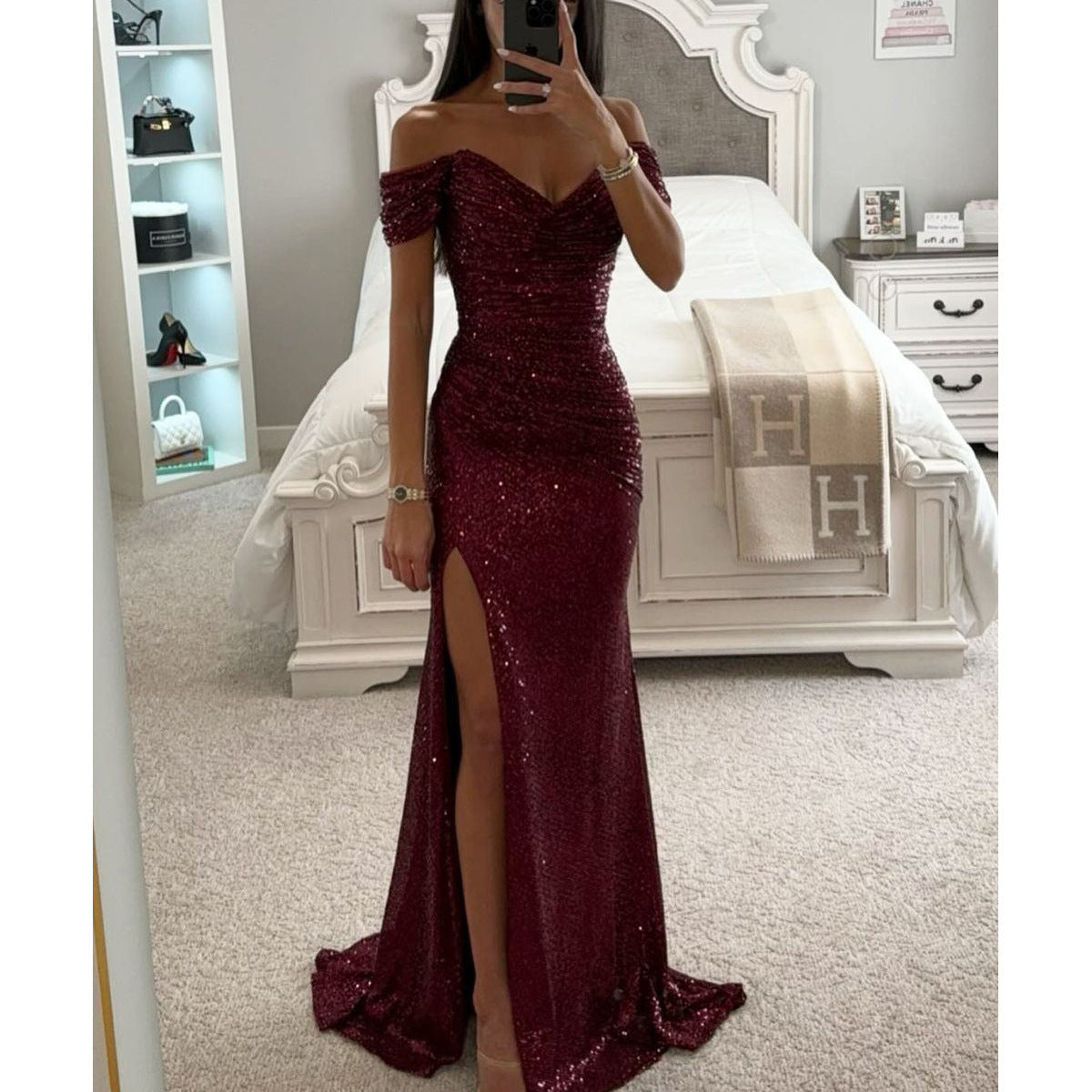 Off-Shoulder Sequin Evening Gown with High Slit - Elegant Formal Dresses