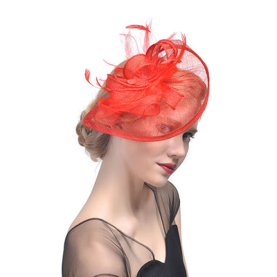 Fascinator Hat Hemp Yarn Banquet Net Top Hat Bridal Feather Hat - Red - Women's Hats & Caps - Carvan Mart