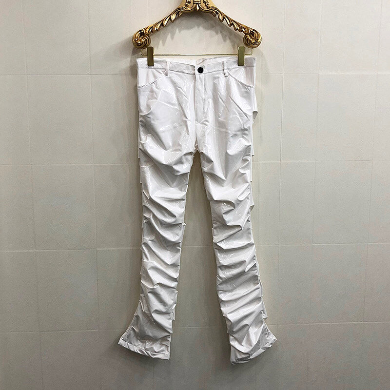 Mirror Fit Pleated Flare Leather Pants - Trendy Unisex PU Leather Pants - Carvan Mart