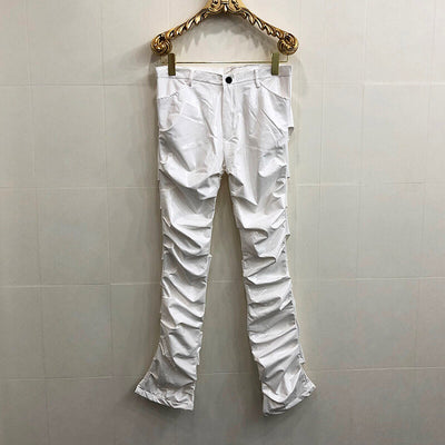 Mirror Fit Pleated Flare Leather Pants - Trendy Unisex PU Leather Pants - White - Men's Pants - Carvan Mart