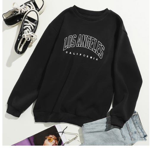 Letter Print Crew Neck Pullover Sweatshirt - Black - Women Hoodies & Sweatshirts - Carvan Mart