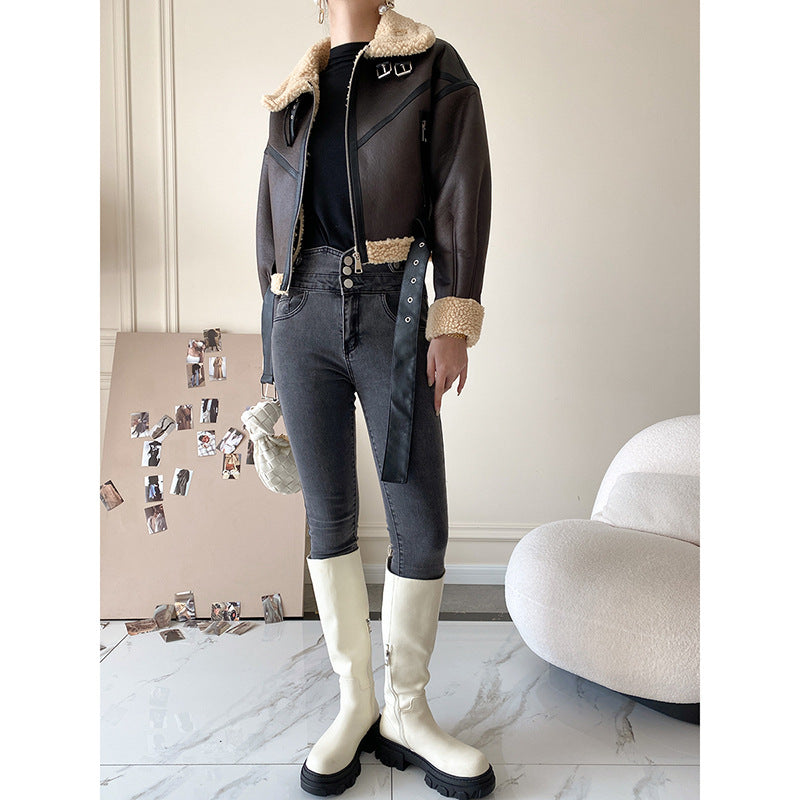 Shearling-Lined Women's Leather Coat Short Versatile Thickened Jacket - Carvan Mart