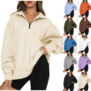 Women Sweatshirts Zip Turndown Collar Loose Casual Tops Clothes - Carvan Mart