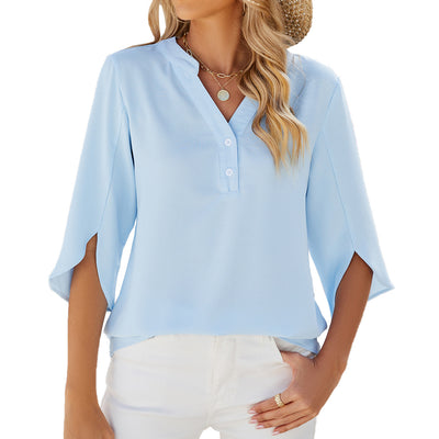 Button V-neck Mid-sleeve Chiffon Shirt Women's Solid Color Top - Sky Blue - Tops & Tees - Carvan Mart