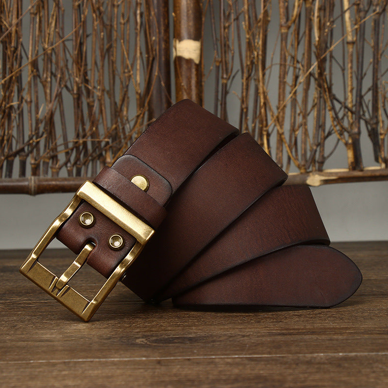 Retro Washed Matte Top-grain Leather Brass Buckle Belt - Carvan Mart