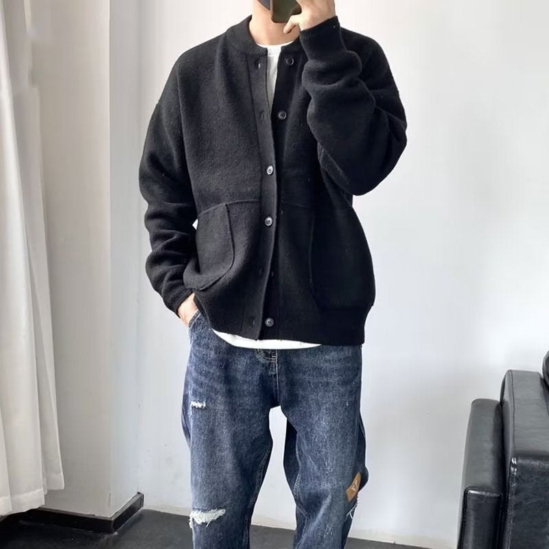 Wool Cardigan Men's Spring And Autumn Hong Kong Style Sweater Round Neck Jacket Simple Loose Thick Sweater Coat - Carvan Mart Ltd