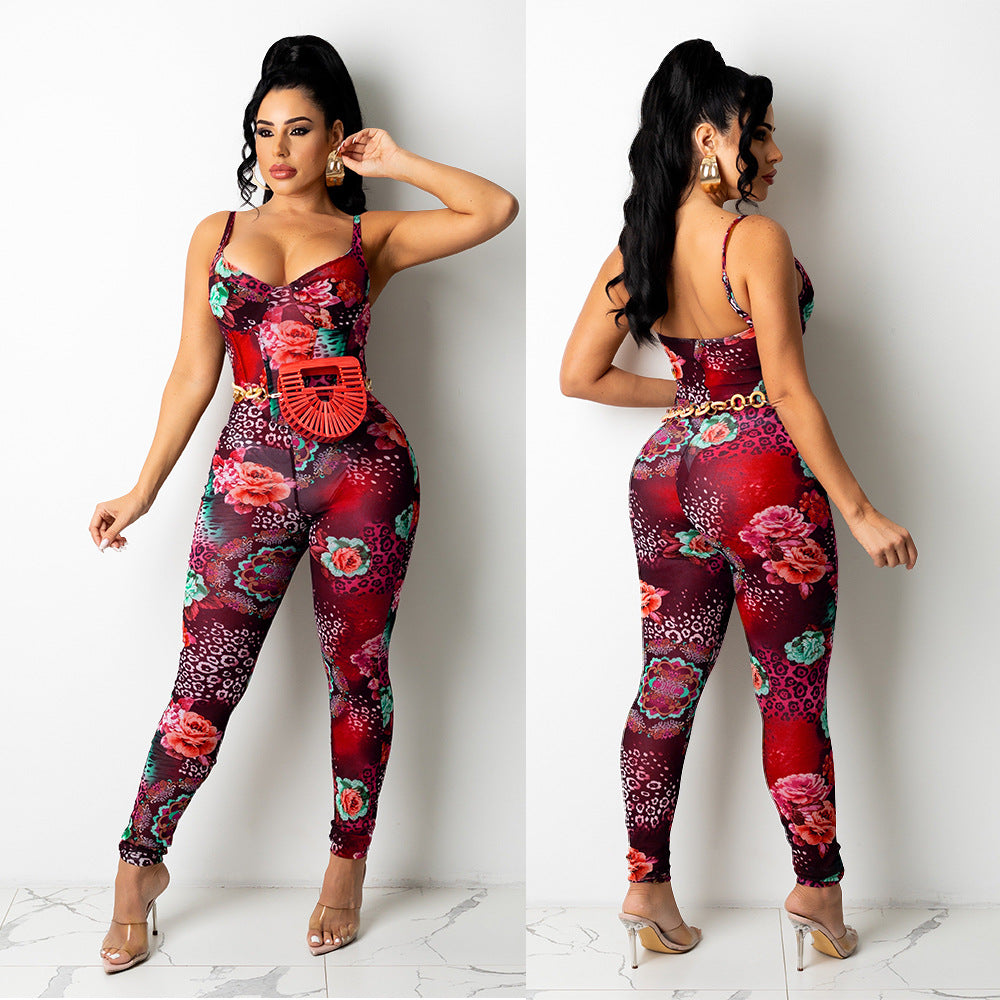 Women's Mesh Printed Jumpsuit Trousers - Carvan Mart