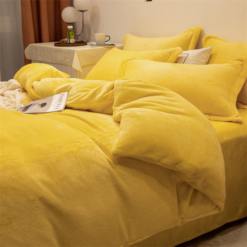 Four-piece Plush Double-sided Fleece Warm Yellow Duvet Cover - Goose yellow - Bedding Sets - Carvan Mart