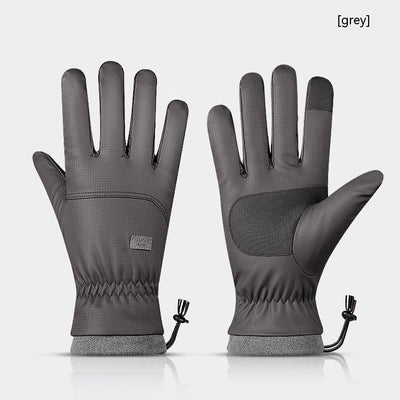 Polyester Gloves Men's And Women's Touch Screen Ski Gloves Outdoor Waterproof Windproof Warm Riding Full Finger Fleece Climbing - Men's Drawstring Skiing Gray Free Size - Men's Gloves - Carvan Mart