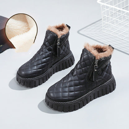 Women's Plaid Pattern Platform Ankle Boots Side Zipper Plush Lined Snow Boots