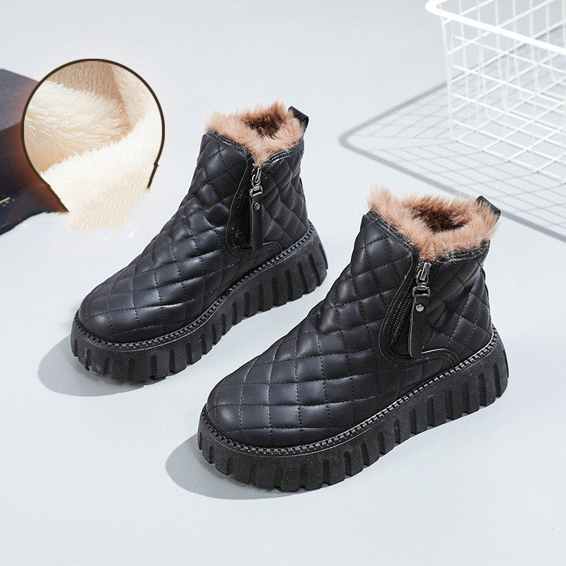 Women's Quilted Winter Boots - Waterproof Warm Ankle Boots with Fur Lining - Black - Women's Shoes - Carvan Mart