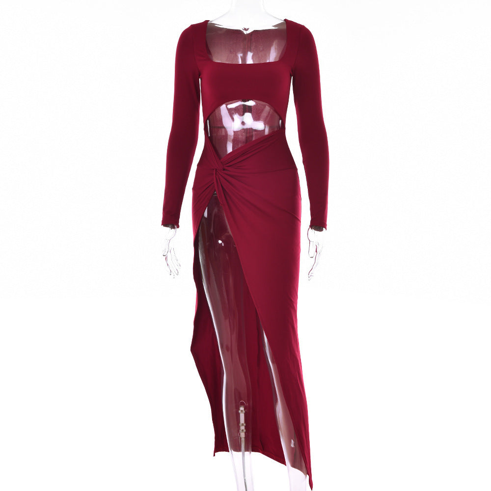 Women's Scott Hollow Out Maxi Dress Long Sleeve Split Party Wedding A Dress - Wine Red - Dresses - Carvan Mart