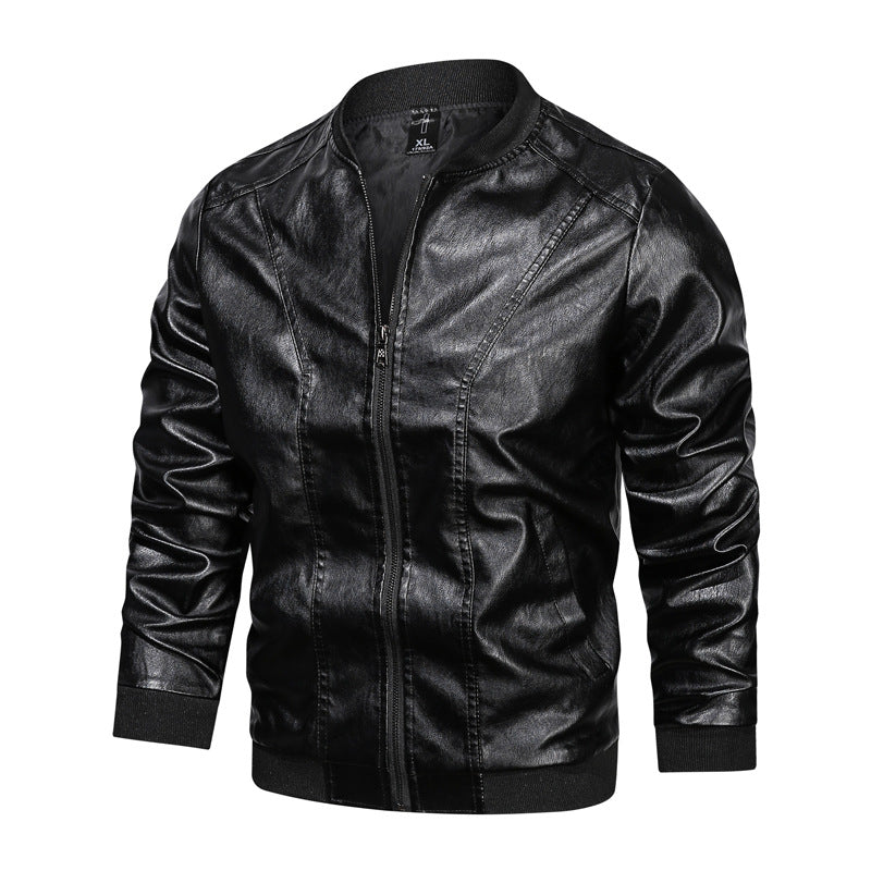 Men Casual Leather Jacket Zipper Leather - Black - Genuine Leather - Carvan Mart