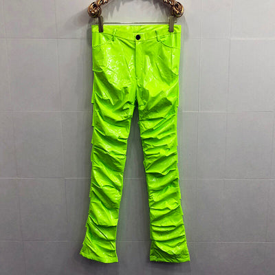 Mirror Fit Pleated Flare Leather Pants - Trendy Unisex PU Leather Pants - Light Green - Men's Pants - Carvan Mart