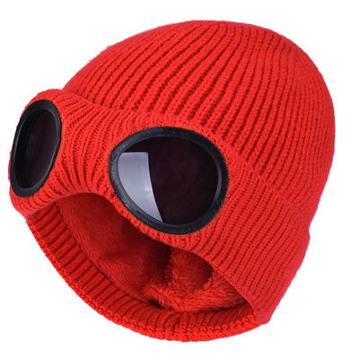 Warm Knitted Woolen Hats With Windproof Glasses For Men And Women Ear Protection Cap - Red One Size - Women Gloves & Mittens - Carvan Mart