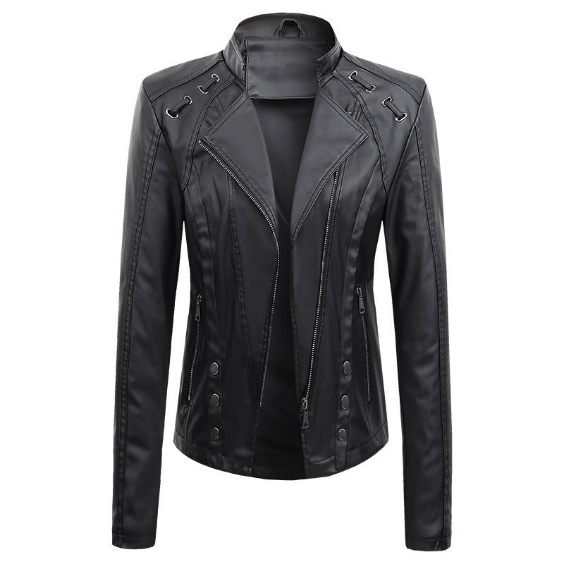 V-neck PU Leather Jacket Women - Carvan Mart Ltd