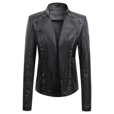 V-neck PU Leather Jacket Women - Black - Leather & Suede - Carvan Mart