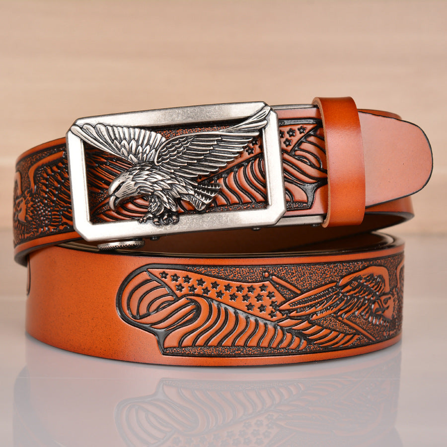 Leather Men's Belt Eagle Embossed - Yellow ancient silver buckle - Men's Belts - Carvan Mart