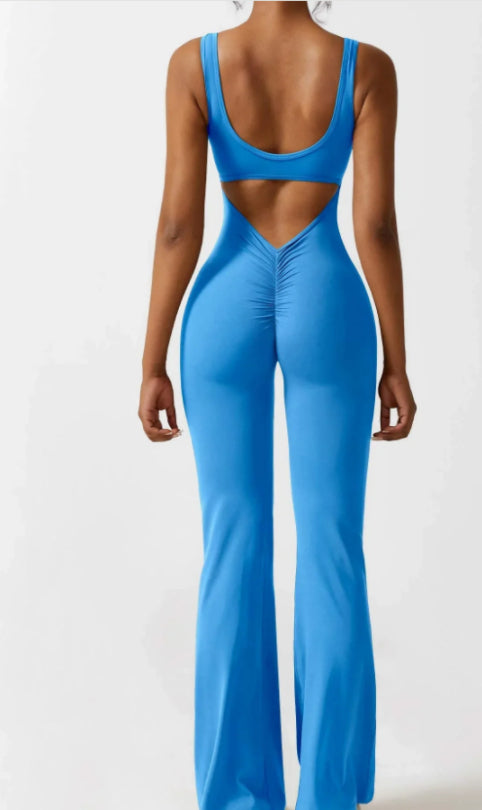 Women V-Back Flared Jumpsuit Bodysuit Casual Hollow Seamless Jumpsuit - Blue - Jumpsuits & Rompers - Carvan Mart