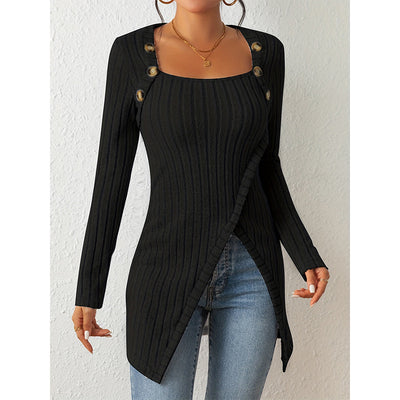 Carvan Woman Square-neck Off-shoulder Slit Sweater - Black - Winter Tops - Carvan Mart