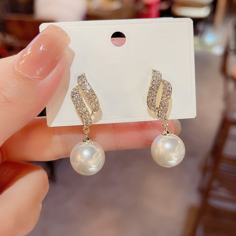 Silver Needle Niche Full Diamond Leaves Faux Pearl Earrings - Carvan Mart