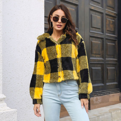 Plaid Double Sided Velvet Jacket Women Lantern Sleeve Loose Short Coat Autumn And Winter Plush Clothing - Carvan Mart