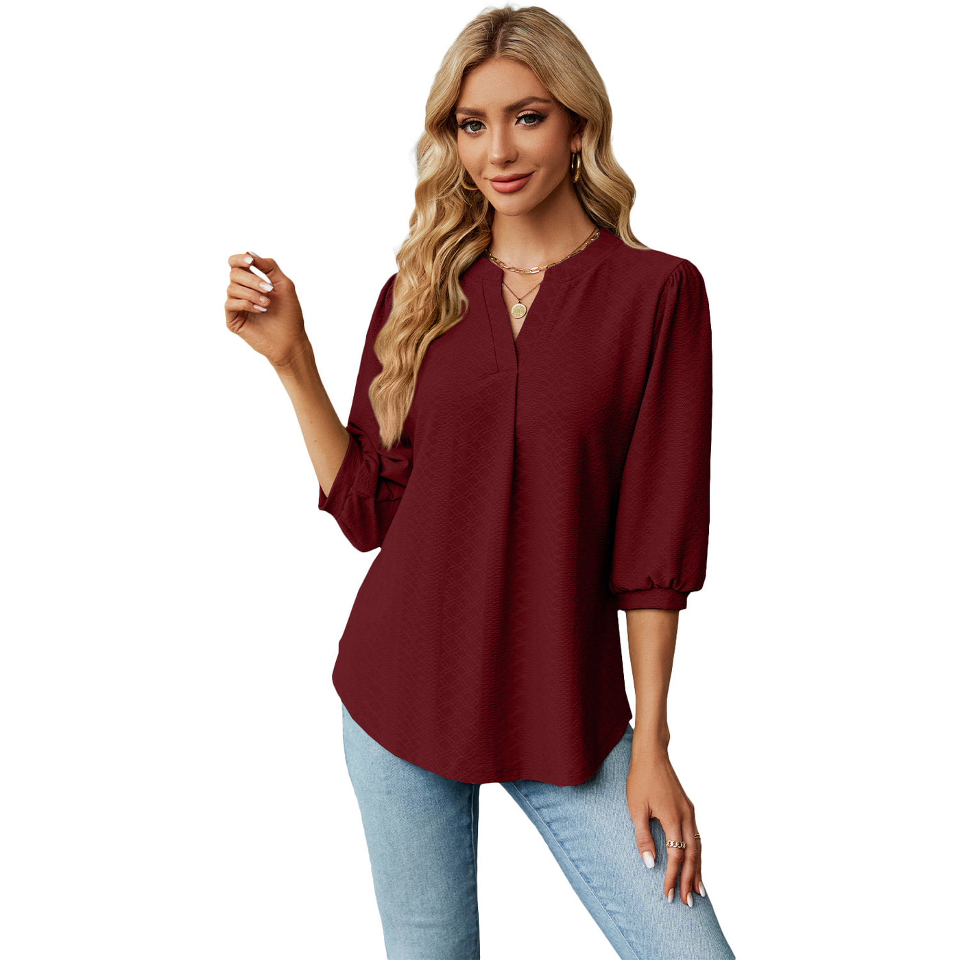 Solid Color Lace Collar Jacquard Long Sleeve Loose-fitting T-shirt Top - Wine Red - Tops & Tees - Carvan Mart