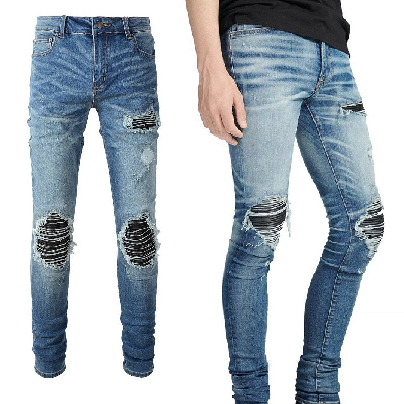 Leather Patching, Slimming, Worn-out Washed Jeans For Men - Carvan Mart Ltd