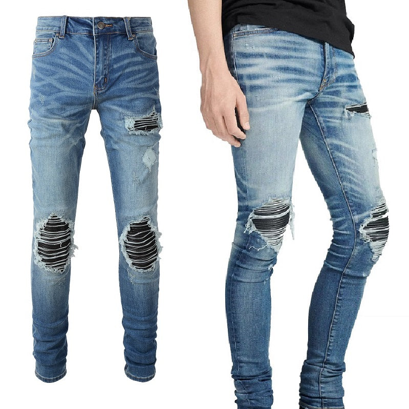 Leather Patching, Slimming, Worn-out Washed Jeans For Men - Carvan Mart