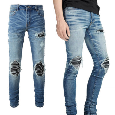 Leather Patching, Slimming, Worn-out Washed Jeans For Men - - Men's Jeans - Carvan Mart