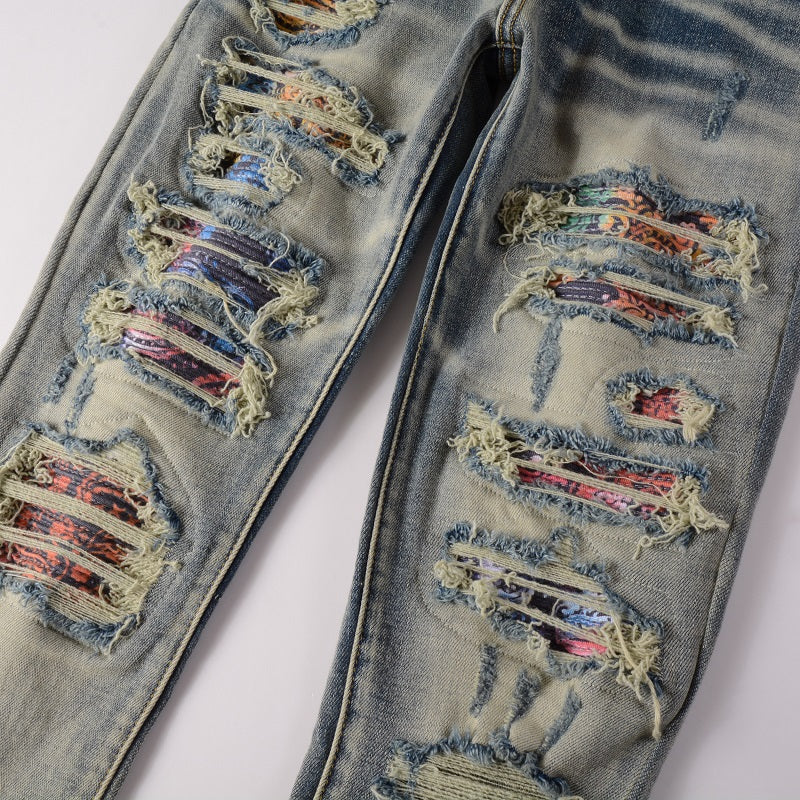 Iridescence Printed Patch Worn Baby Blue Jeans Male - Carvan Mart