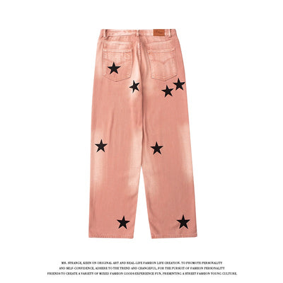 American Style Retro Street XINGX Printed Jeans Straight Casual Distressed Long Pants - Carvan Mart