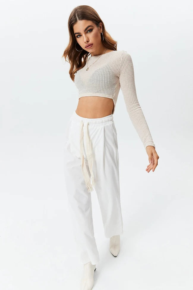 Square Neck Knit Cropped Long Sleeve T-Shirt - Carvan Mart