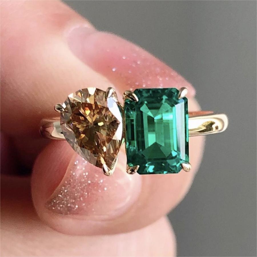 Fashion Jewelry Creative Double Stone Lady Green Yellow Zircon Ring Luxury Crystal Ring - Carvan Mart