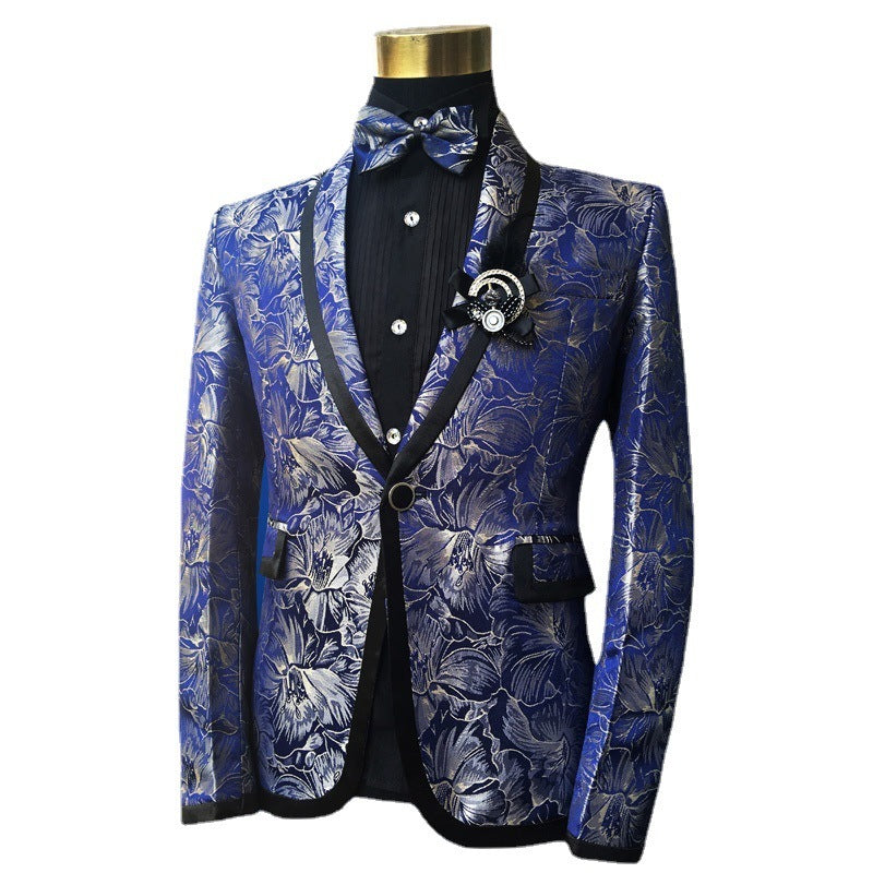 Men's Two Piece Blue Suit Floral Wedding Singer Prom Suit - Carvan Mart