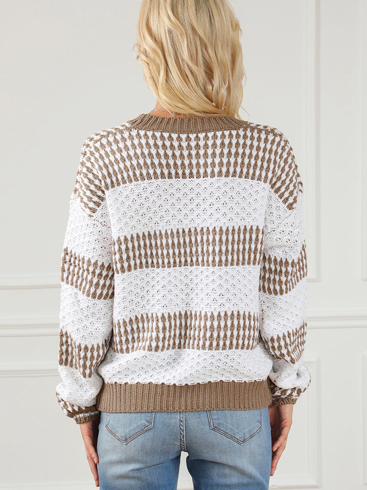 Women's Casual Loose Round Neck Contrast Knitwear Sweater - Carvan Mart