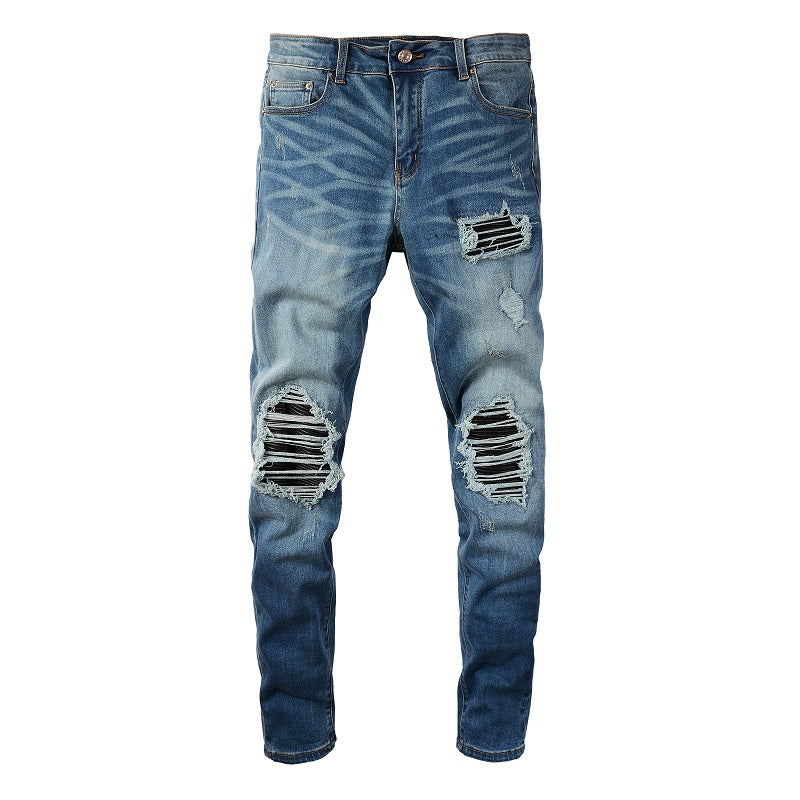 Patched Leather Pleats And Patchwork For Old Washed Light Colored Jeans For Men - Carvan Mart