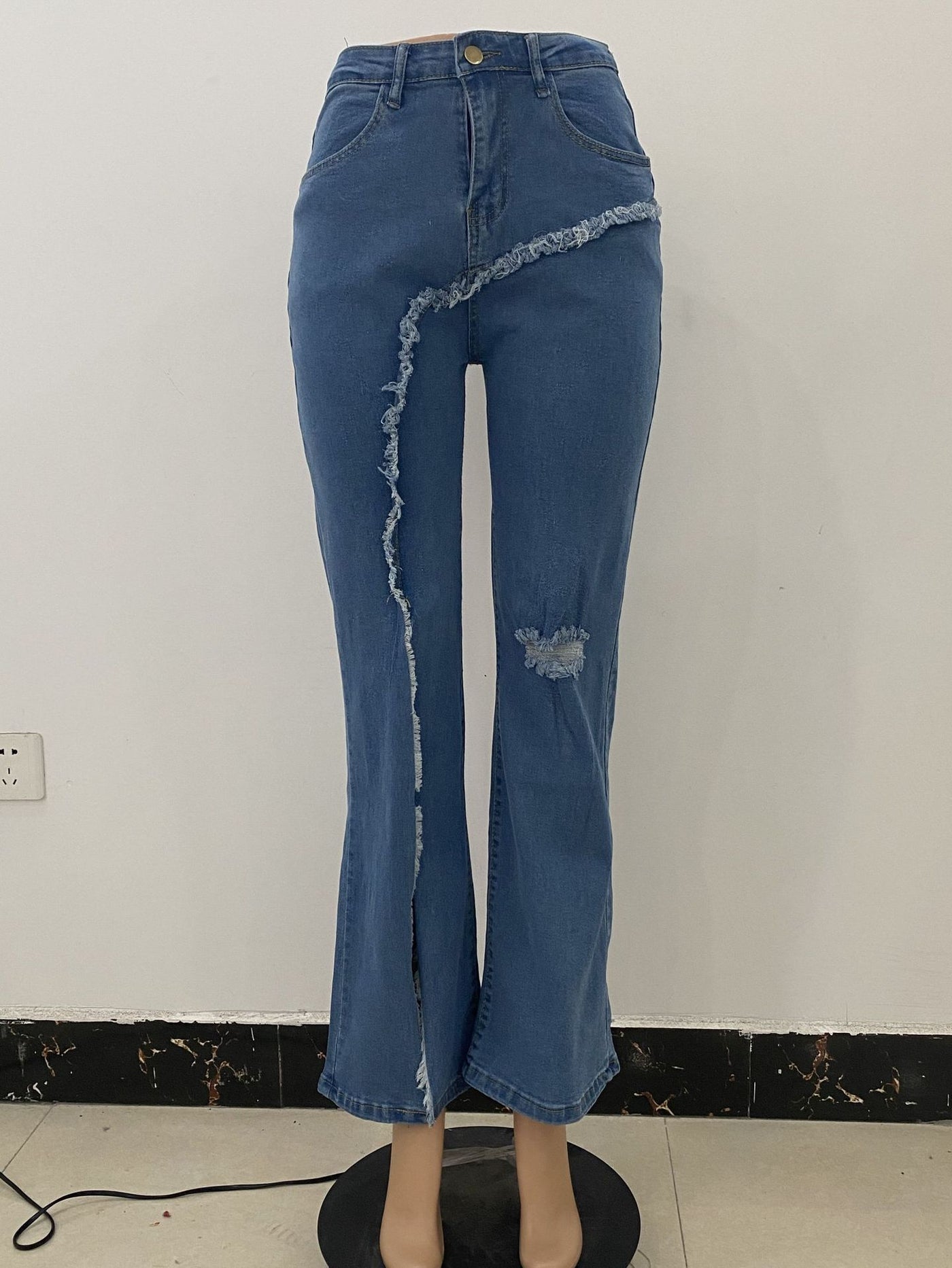 New style elastic ripped flared pants jeans women - Carvan Mart