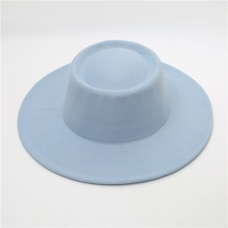 Retro Fedora 8cm Wide Brim Solid Color Concave-convex Dome Woolen Hat - Sky Blue Average Size - Men's Hats & Caps - Carvan Mart