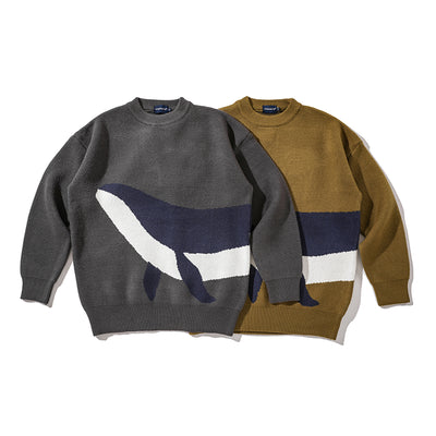 Japanese Vintage Whale Round Neck Sweater For Men - - Men's Sweaters - Carvan Mart