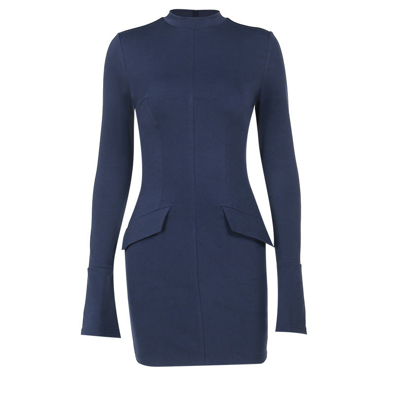 Women's Long Sleeve Dress With Two Pockets Slim Bodycon Hip Short Dress - Carvan Mart