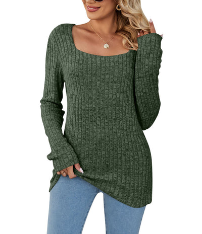 Square Collar Sunken Stripe Brushed Women's Casual Long Sleeve - Army Green - Winter Tops - Carvan Mart